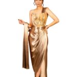 Golden Drape Skirt & Corset Set | Luxurious Fabric | Intricate Detailing | Rich Metallic Shine | Perfect For Festive Wear | Party wear dress for women (IN, Alpha, XL, Regular, Golden)