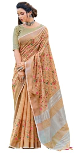 Women's Pure Khadi Linen Kashmiri Embroidery Work Saree With Blouse KASMIRA01