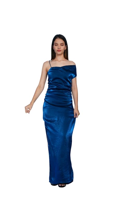 Jkexxe Scintillating Asymmetrical Off Shoulder Gown Blue | Satin Fabric with Glossy Finish | Bust Fitted Party Design | Side Slit for Effortless Movement | Modern Evening Dress for Women|Size -M