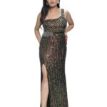 Khyati Women's One-Shoulder Sequin Bodycon Gown, Full Length Party Dress with Front Slit, Black, 1XL