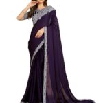 TRENDMALLS Women's Chiffon Sequin Embroidery Coding Work Saree with Unstitched Net Blouse Piece (K1144-Purple)