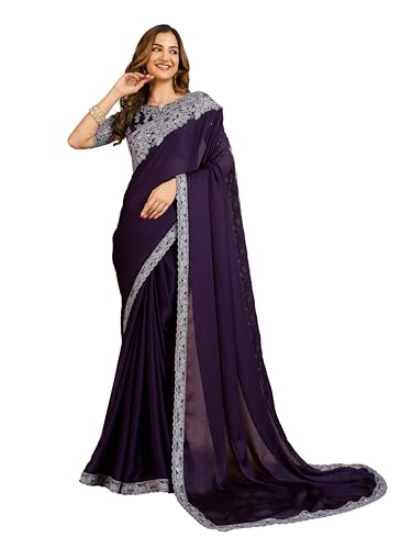 TRENDMALLS Women's Chiffon Sequin Embroidery Coding Work Saree with Unstitched Net Blouse Piece (K1144-Purple)