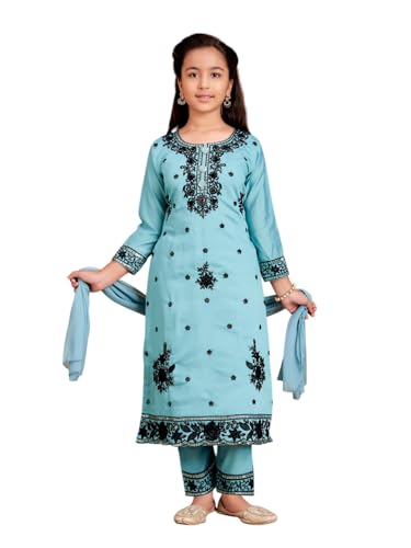 Aarika Girls Ethnic Wear Turquoise Colour Thread Sequin Embroidery Kurti Pant Set With Dupatta-(4-10 Years)-(KP-9540-FIROZI-28)