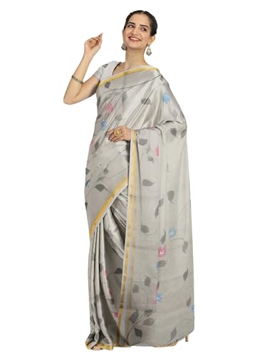 Avishya Exclusive Hand Painted Viscose Pure Organza Silk Saree | Casual and Modern Leaf Printed Saree for Women | Designer Saree with Unstitched Blouse Piece (Grey)
