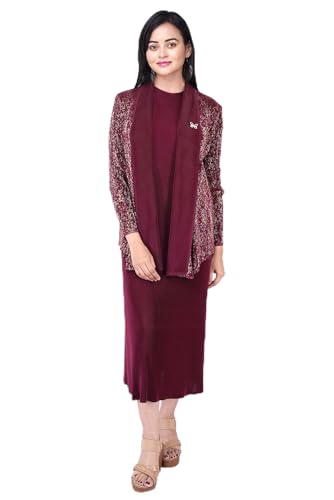 Women's Black Pleated Midi Dress with Sequin Shrug, Round Neck, (Maroon)
