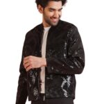 KISAH Men Black Abstract Bomer Jacket with Sequinned, 44
