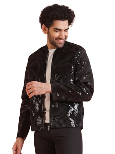 KISAH Men Black Abstract Bomer Jacket with Sequinned, 44