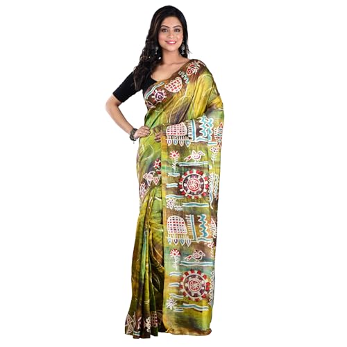 3stones Women's Pure Silk Saree | Handwoven, Hand Batik Pure Saree with Unstiched Blouse Material Piece | Suitable for All Indian Weddings & Festivals| Traditional Pattern | Green