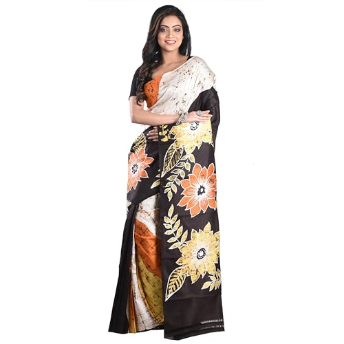 3stones Women's Pure Silk Saree | Handwoven, Hand Batik Pure Saree with Unstiched Blouse Material Piece | Suitable for All Indian Weddings & Festivals| Traditional Pattern | Black and Cream