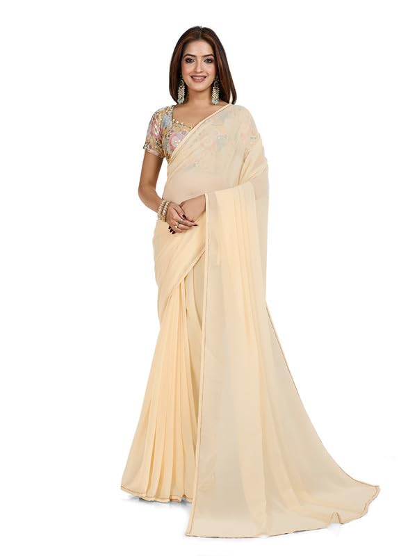 Rekha Maniyar Women's Beige Poly Chiffon Solid Saree With Embroidered Blouse With Unstitched Blouse Piece (KHAJANA_BEIGE)
