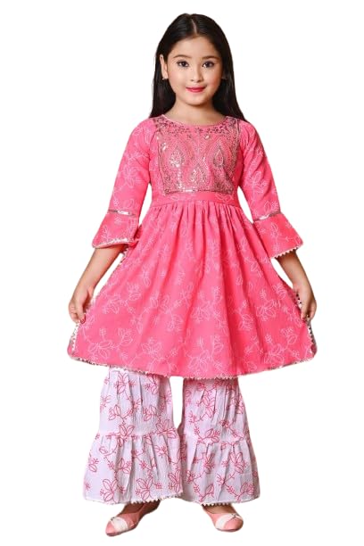 FIRST DREAMKids Ethnic Wear Red Cotton Floral Printed Angrakha Kurta Sharara Set For Girls Suitable for 6 Years-7 Years