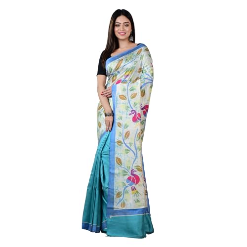 3stones Women's Pure Silk Saree | Handwoven, Hand Batik Pure Saree with Unstiched Blouse Material Piece | Blue and Cream