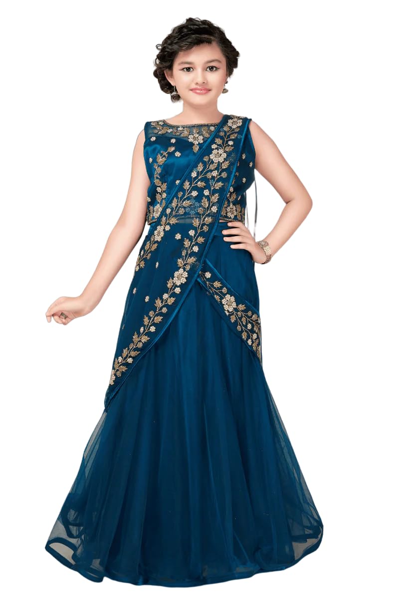 White Button new stone and Embroidery work half saree styled kids lehenga choli for girls (6-7 Years, Morpeach)