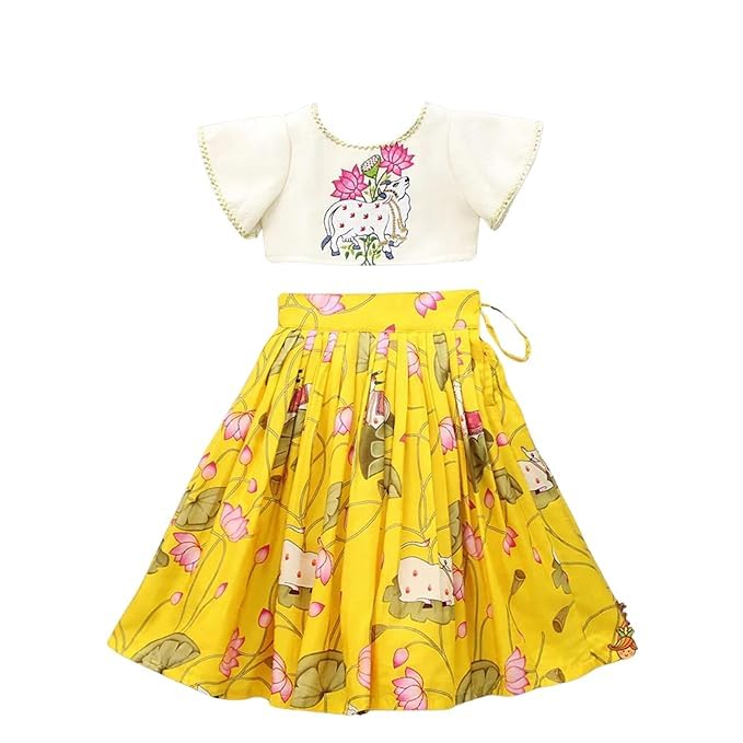 Girls Readymade Crop Top With Lehenga - Taffeta Silk Embroidered Lehenga Choli - Perfect for Ethnic, Party & Wedding (Yellow, 6 Years - 7 Years)