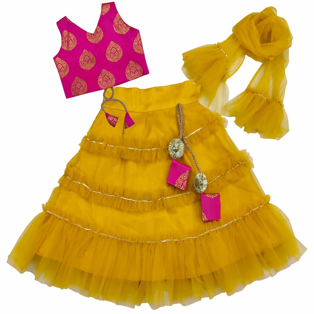 satyamfab Girls' Fully Stitched Mono-Net Lehenga Choli Set and Elegant Design for Effortless Glamour Stylishly Stitched Choli, Graceful Dupatta, Ready-To-Wear (5127_yellow KANIKA (6-7 Years)