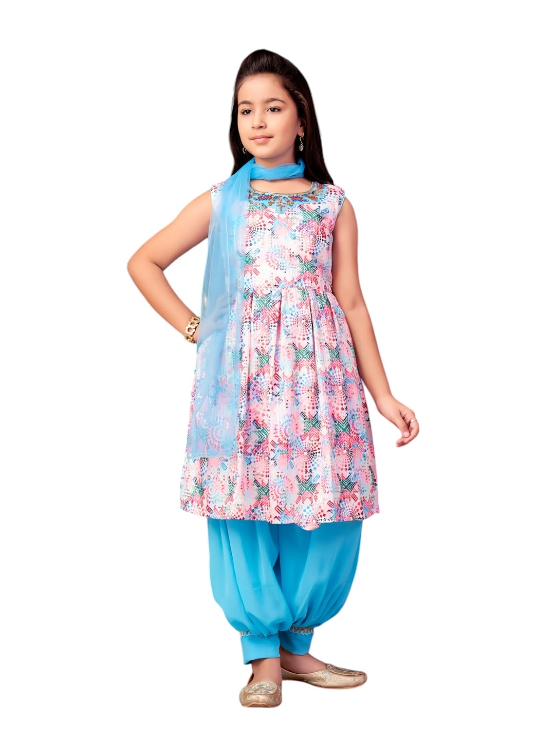 Aarika Girls Ethnic Wear Turquoise-White Colour Beads Hand Embroidery Cotton Blend Kurti Patiala Set With Dupatta-3-9 Years (PT-12706)