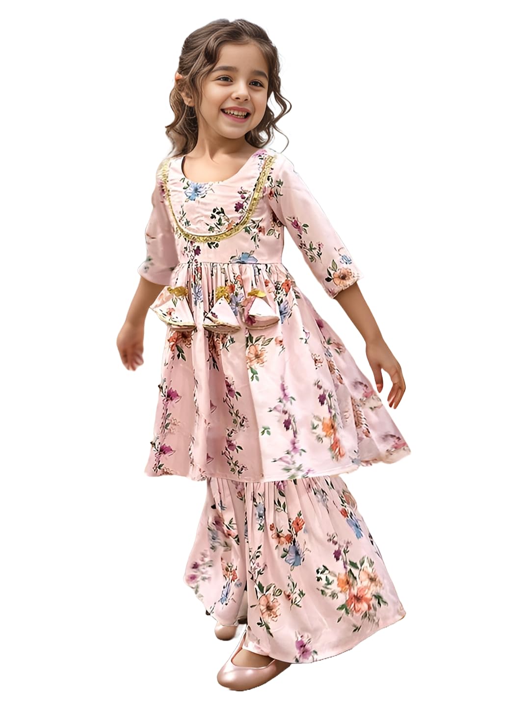 A.T.U.N. (ALL THINGS UBER NICE) A.T.U.N. Girls Ethnic Wear Sharara | Floral White and Pink Printed Kurta with Sharara Set for Girls