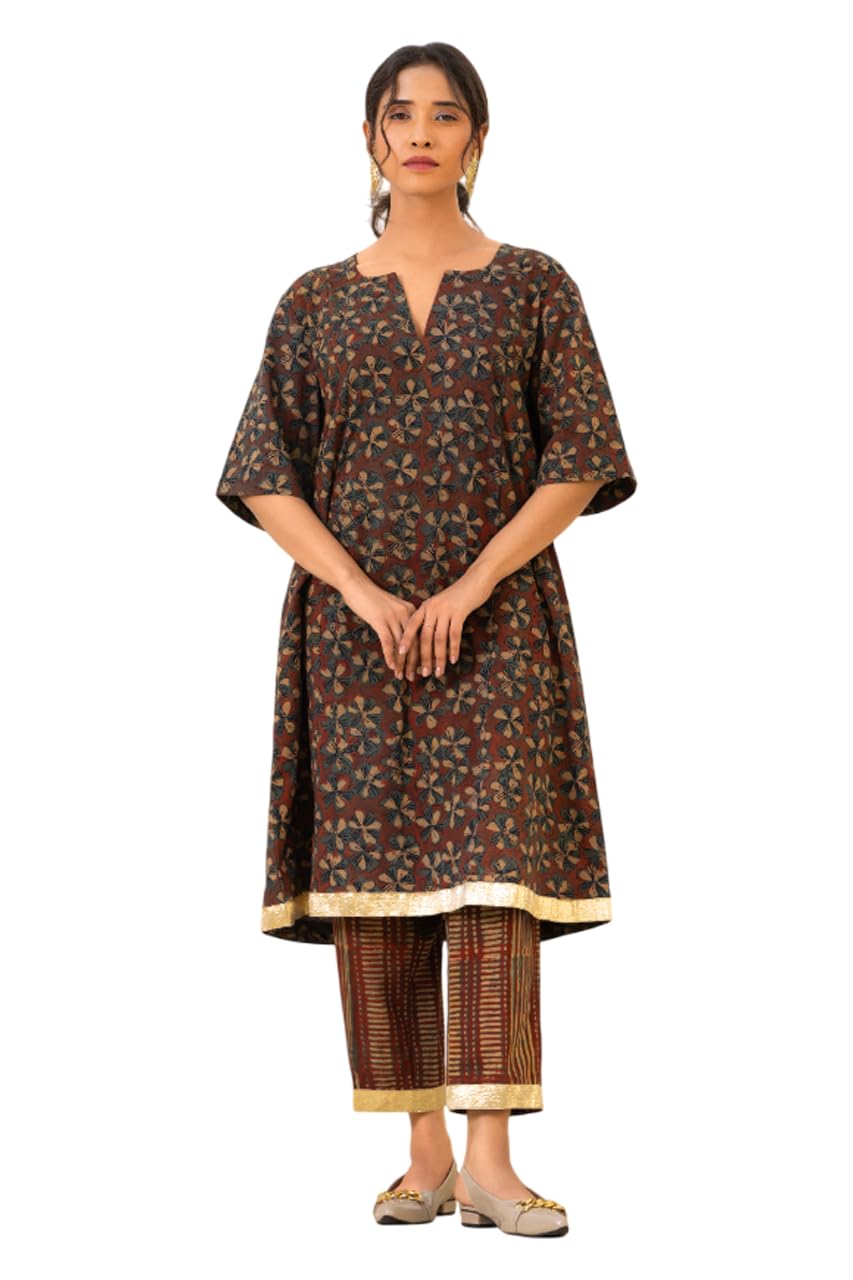 Naseebo Women's Floral Symphony Ajrakh Coord Set | A-Line Printed Co-ord Set for Women (XL) Dark Brown