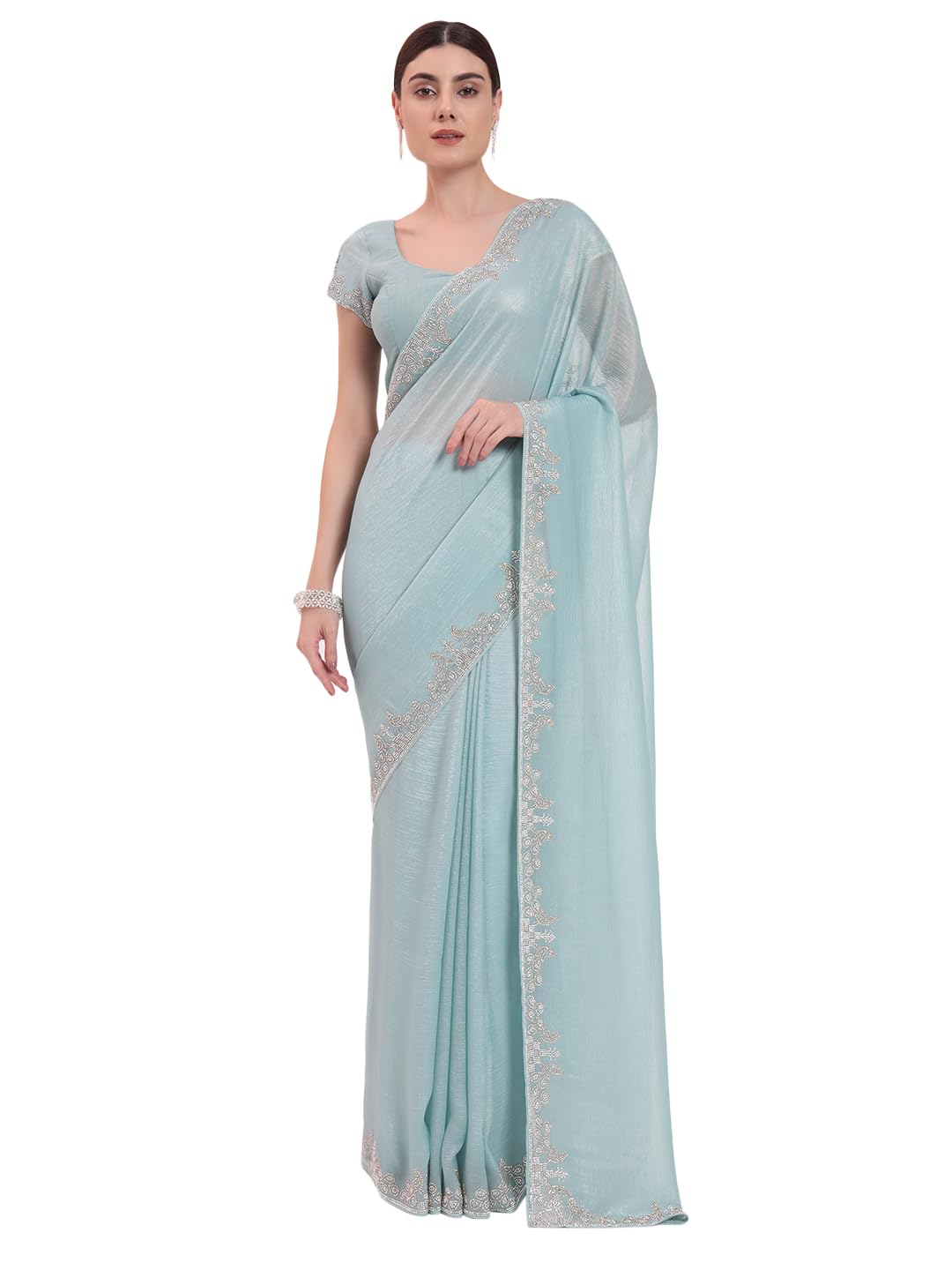 FIORRA Women's Sky Blue Organza Crushed Saree with Siroski Zarkhan Handwork and Unstitched Blouse