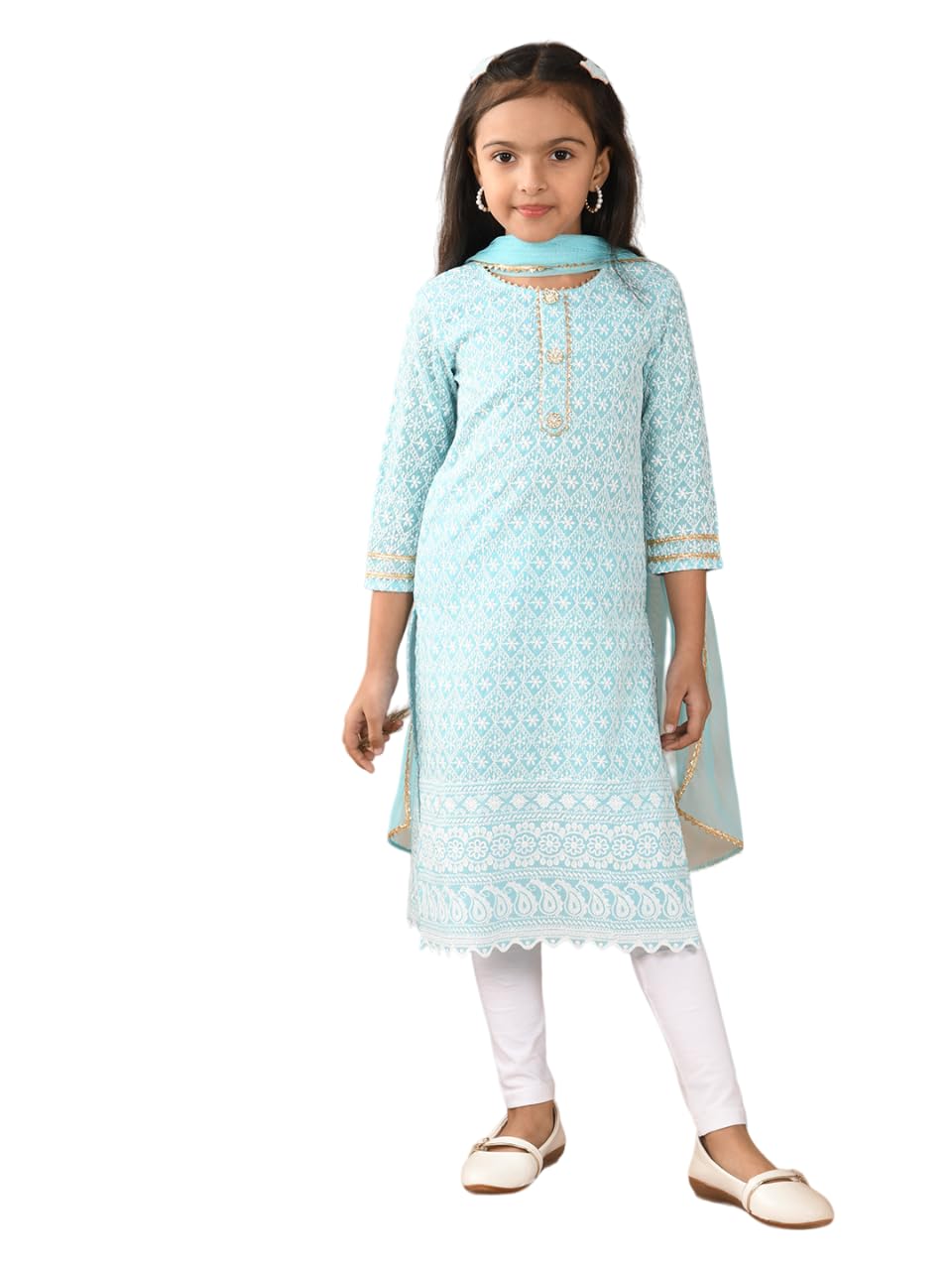 H L GARMENTS Girls Cotton Floral Kurti Set with Dupatta, Kids, 6-7 Years, Blue