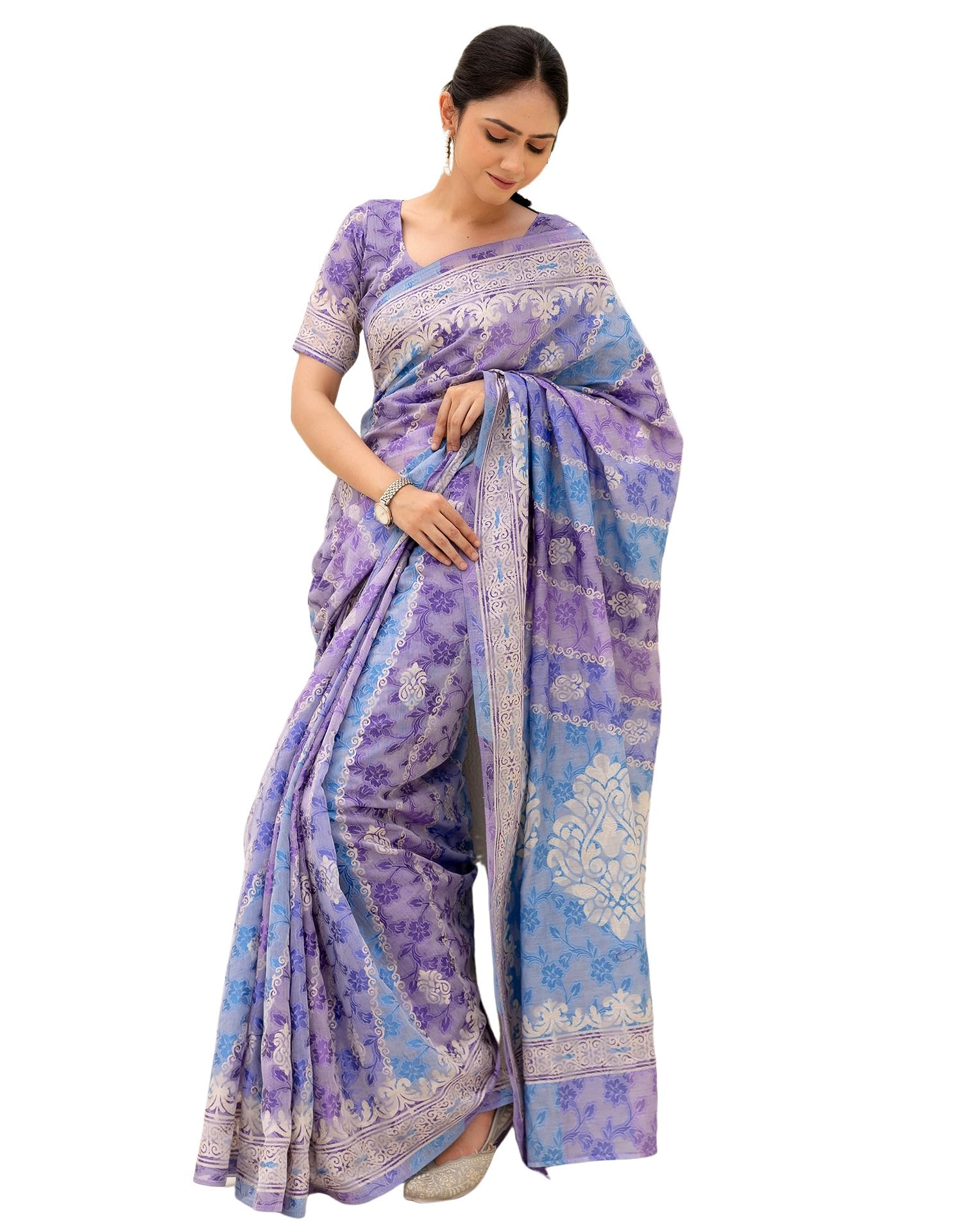 SIRIL Women's Cotton Printed Weaving Saree With Unstitched Blouse Piece (4477S361_Purple & Blue)