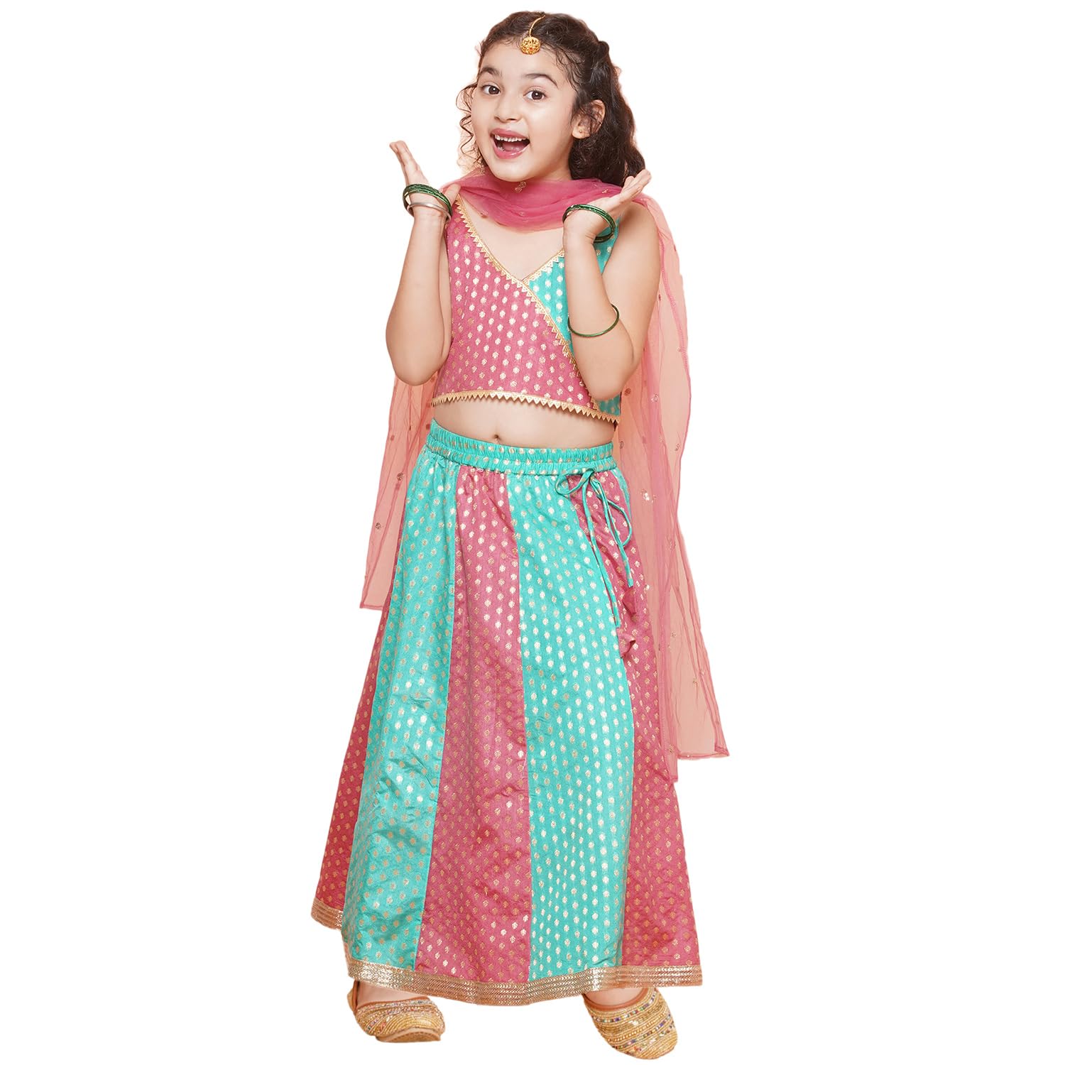 AJ DEZINES Kids Ethnic Wear Brocade Embroidered Sleeveless Turquoise Blue Lehenga Choli Set For Girls (G-LH01-FIROZI-26)