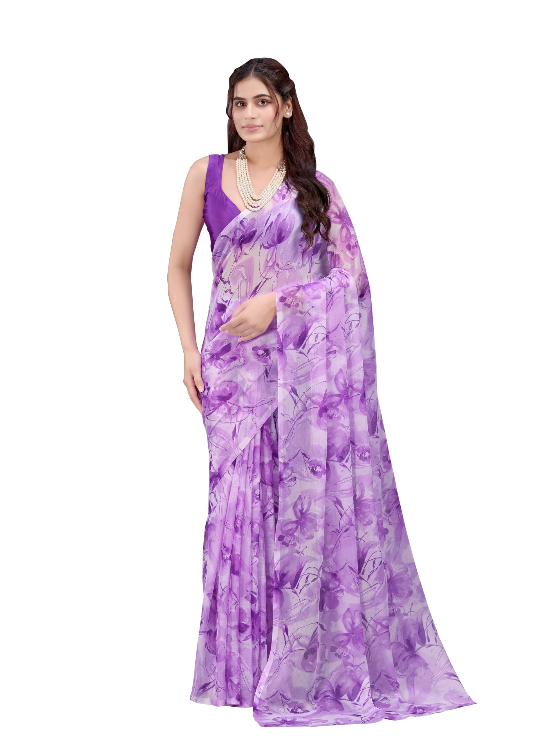Garden Vareli Nara Chiffon All-Over Floral Print Saree With Blouse Piece 89155 - Violet