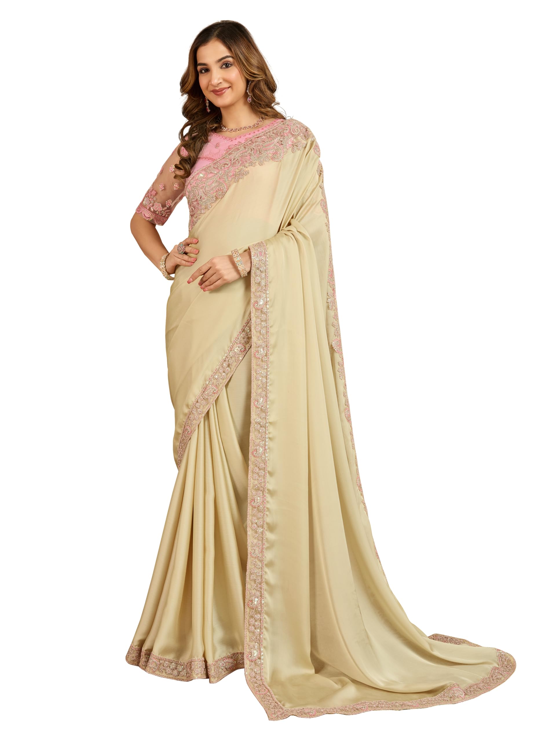 TRENDMALLS Women's Satin Sequin Embroidery Coding Work Saree with Unstitched Net Blouse Piece (K1171-Beige)