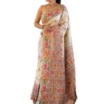 Panzora Women's White Pashmina Silk Weaving Saree With Unstitched Blouse Piece