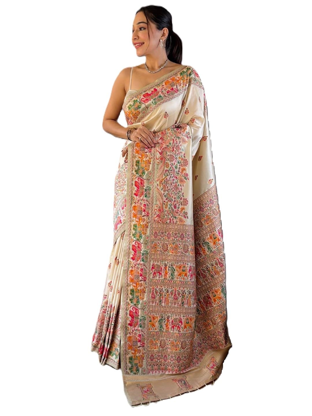 Panzora Women's White Pashmina Silk Weaving Saree With Unstitched Blouse Piece