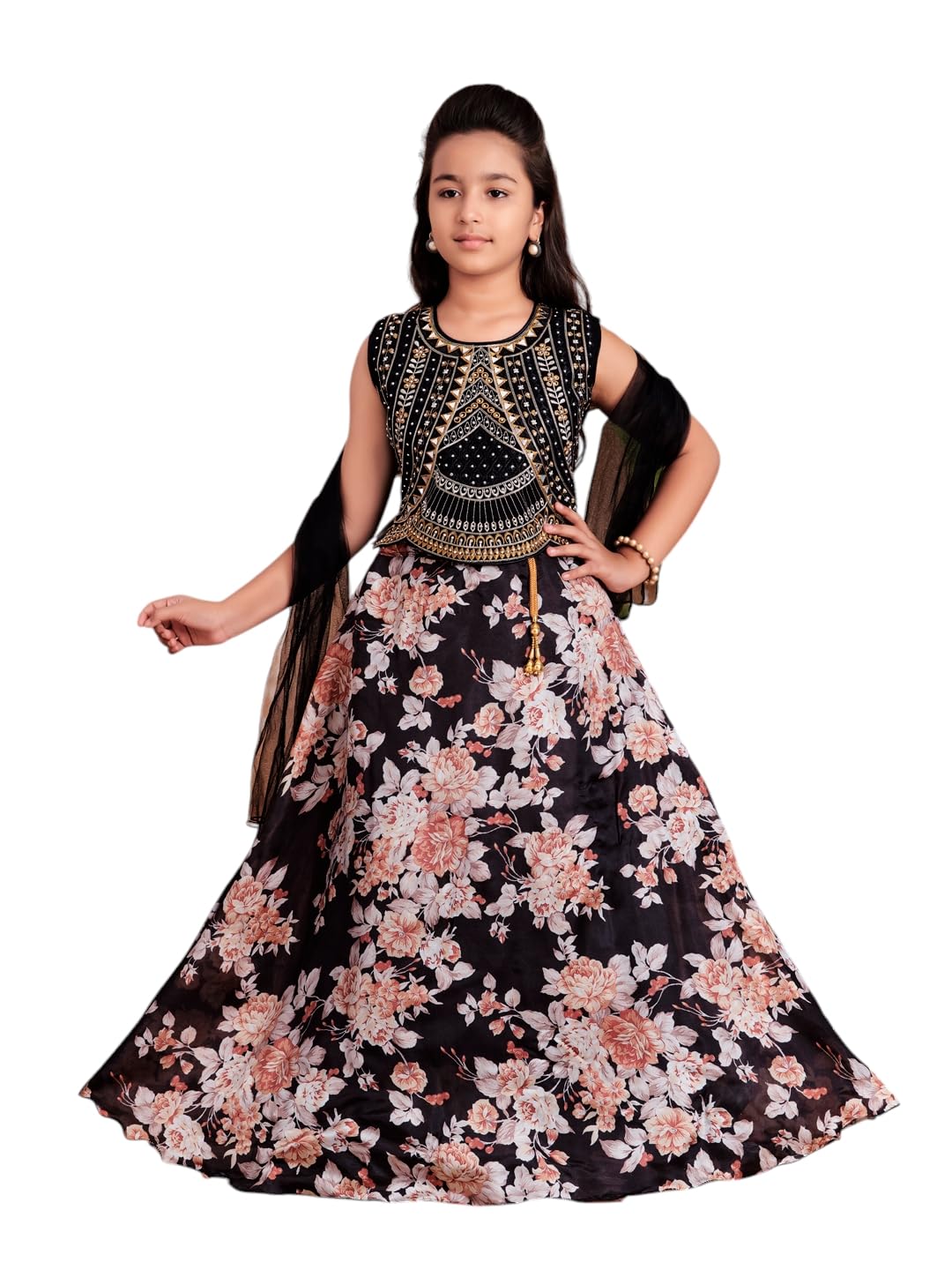 Aarika Girls Ethnic Wear Black Colour Floral Print/Embroidery Lehenga Choli Set With Dupatta-(4-10 Years)-(LCH-MC-01663-BLACK-28)
