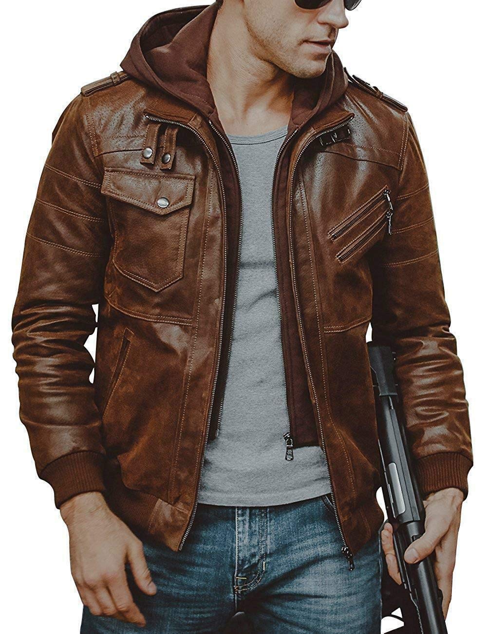 IFTEKHAR Brown Vintage Hooded Leather Boomber Jacket Removal Casual Distressed Motercycle (46)