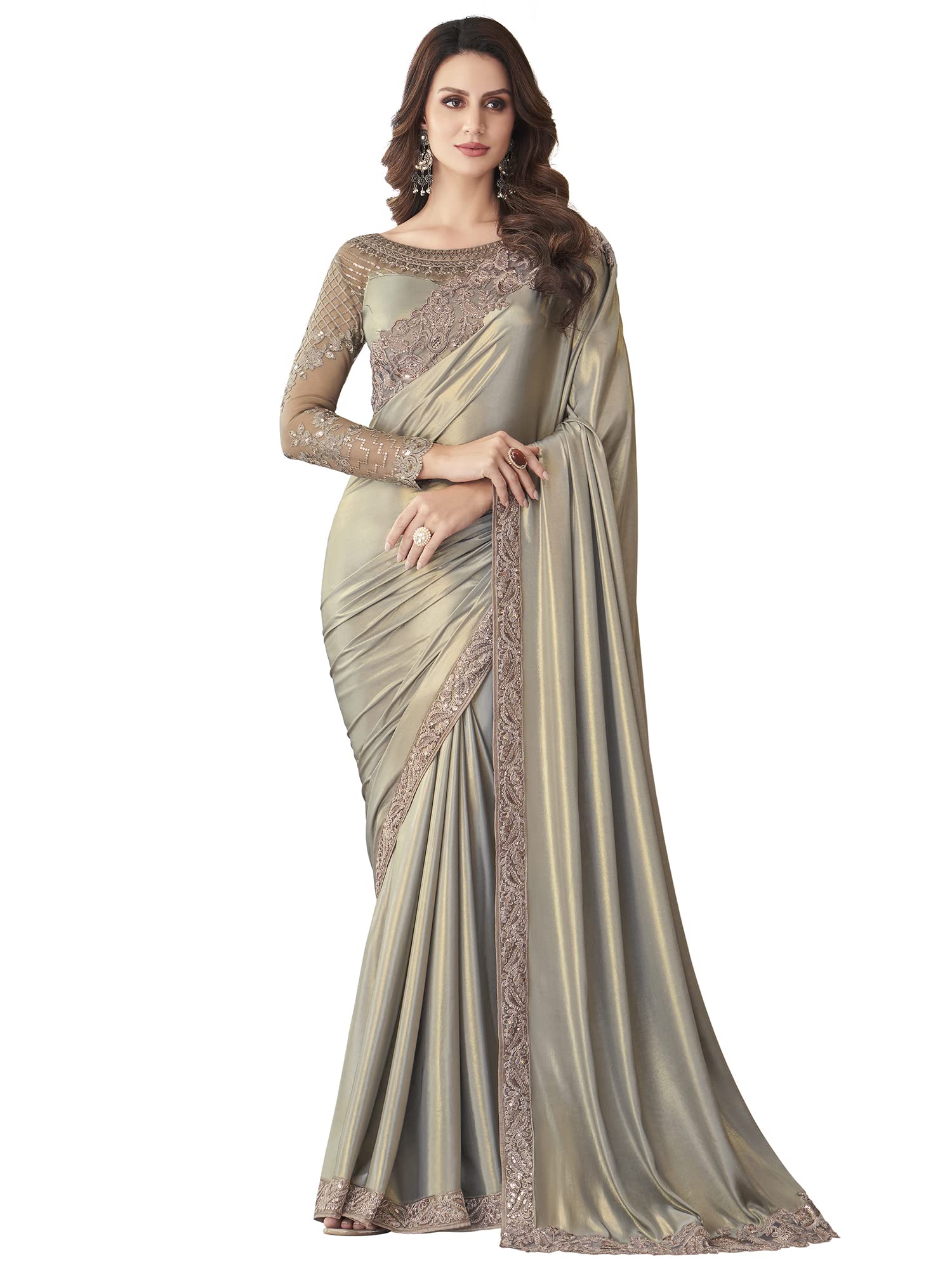 AKHILAM Women's Satin Silk Embellished Designer Saree With Blouse Piece (Metallic_SILVER27011_TFH)
