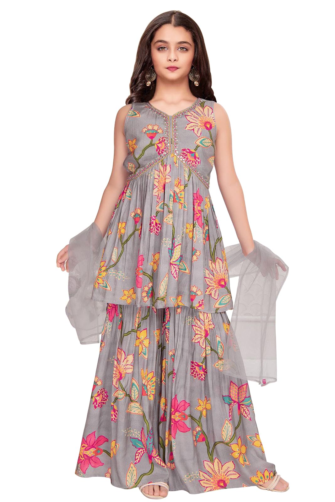 Wommaniya Impex new Grey floral print alia cut peplum top and sharara set for girls (6-7 Years)