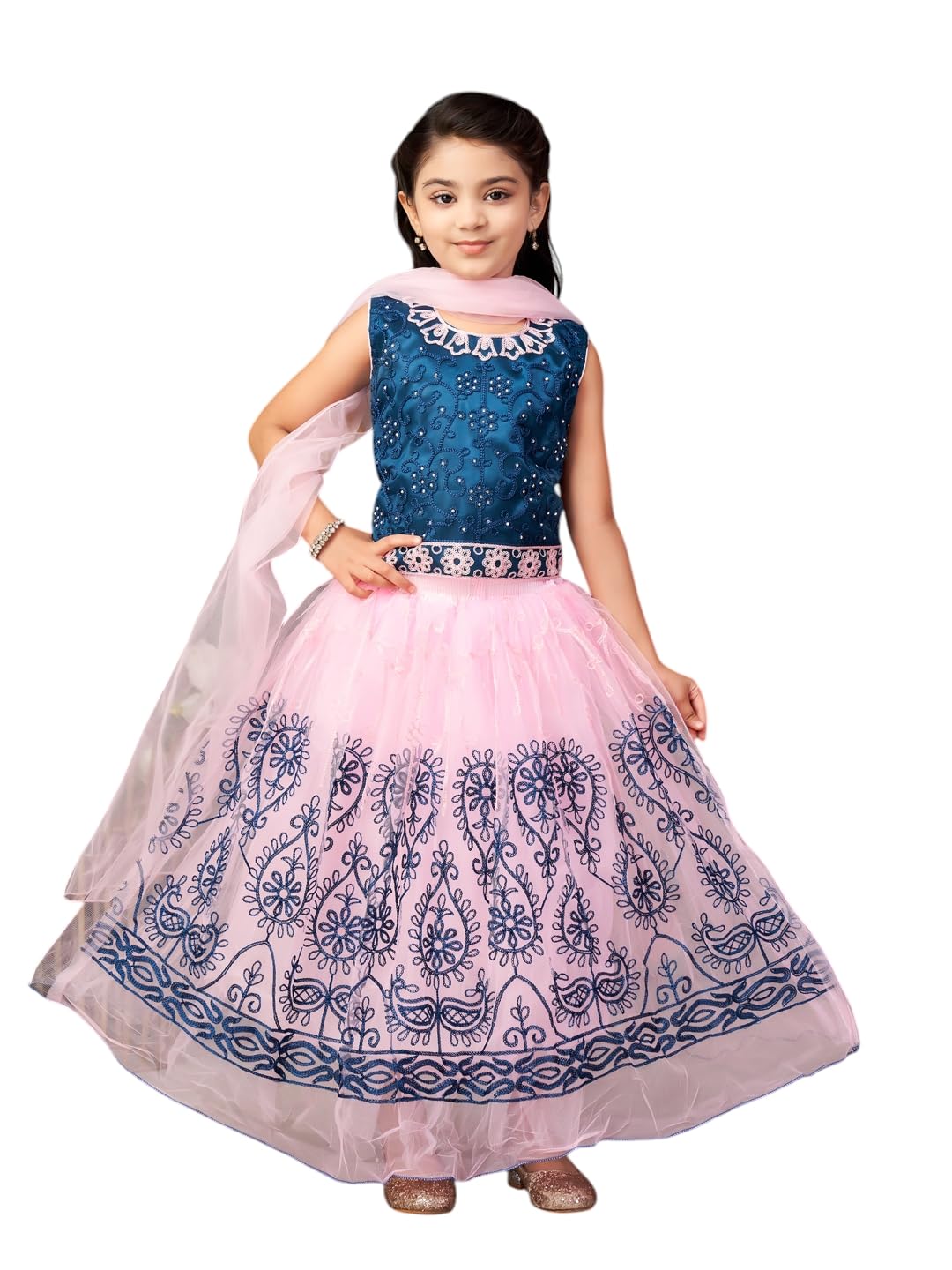 Aarika Girls Ethnic Wear Teal-Pink Colour Thread Embroidery Net Lehenga Choli Set With Dupatta-3-9 Years (LCH-SHM-1527)