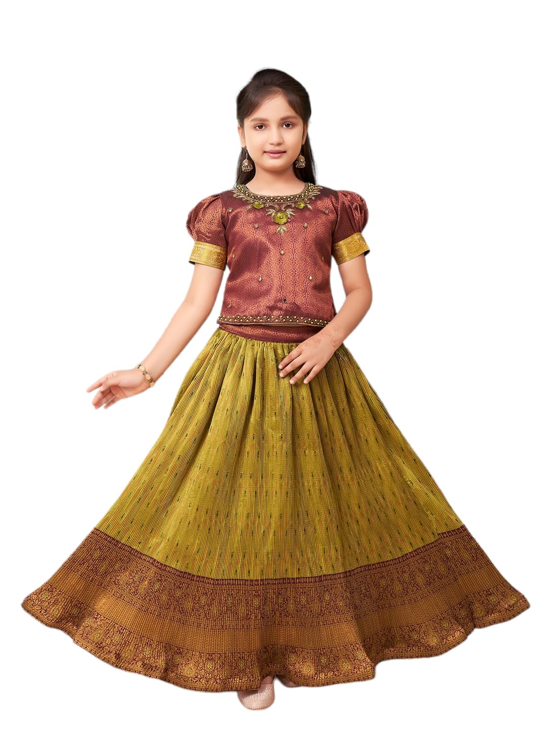 Aarika Girls Ethnic Wear Maroon Colour Hand Embroidery Lace Work Brocade Lehenga Choli Set (5-11 Years)
