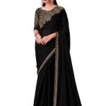 AKHILAM Women's Black Satin Silk Embroidered Saree With Unstitched Blouse (SILVER30015_TFH)