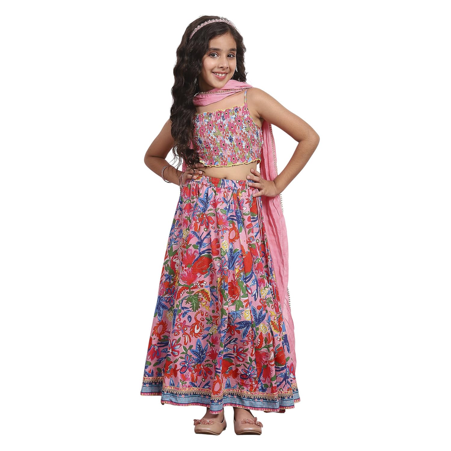 BIBA Printed Viscose Regular Fit Girls Top Lehenga Dupatta Set (PINK, 6-7Y)