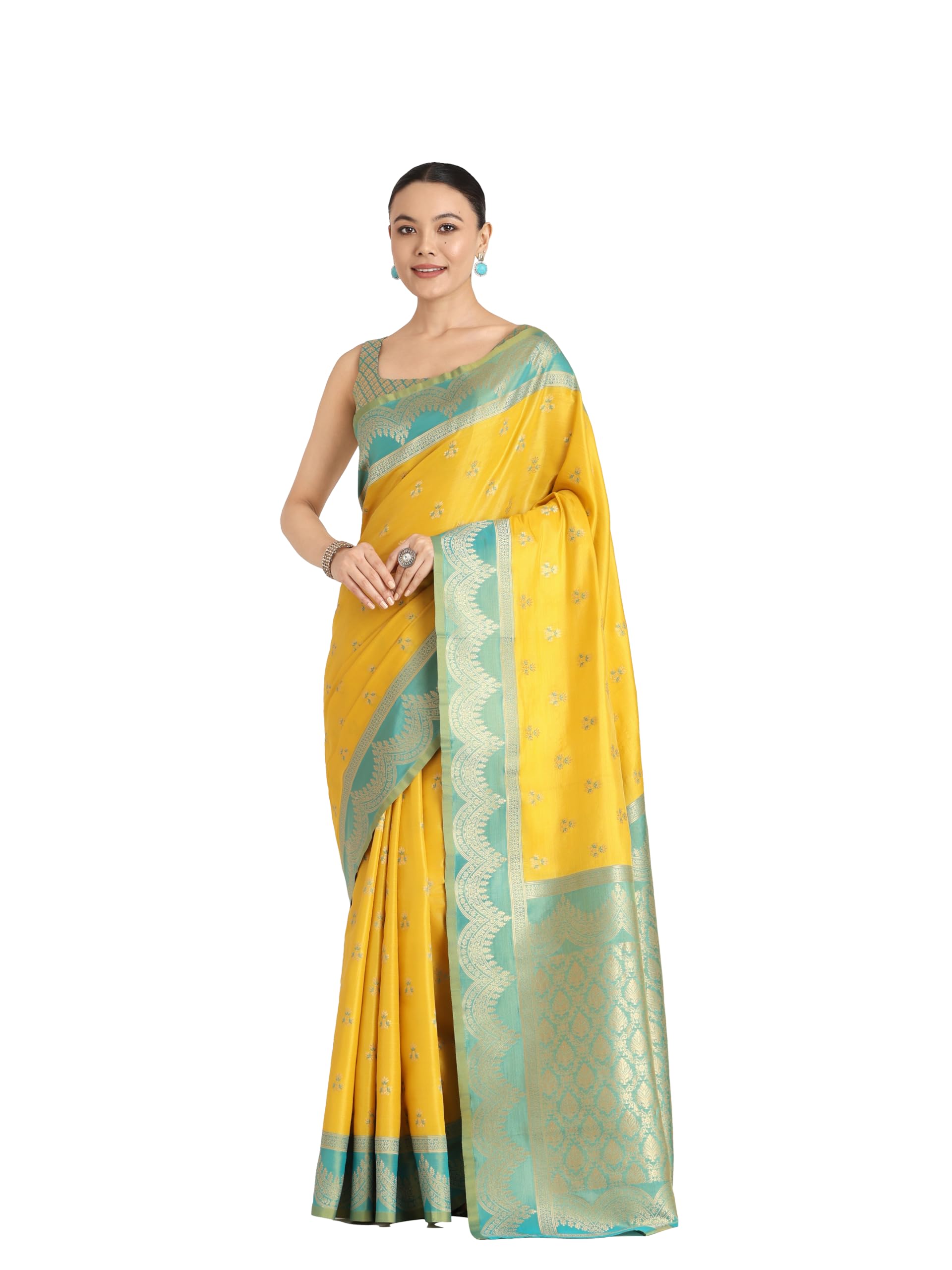 Monjolika Fashion Women's Elegant Banarasi Tissue Silk Saree with Rich Zari Border With Unstitched Blouse Piece (Yellow)