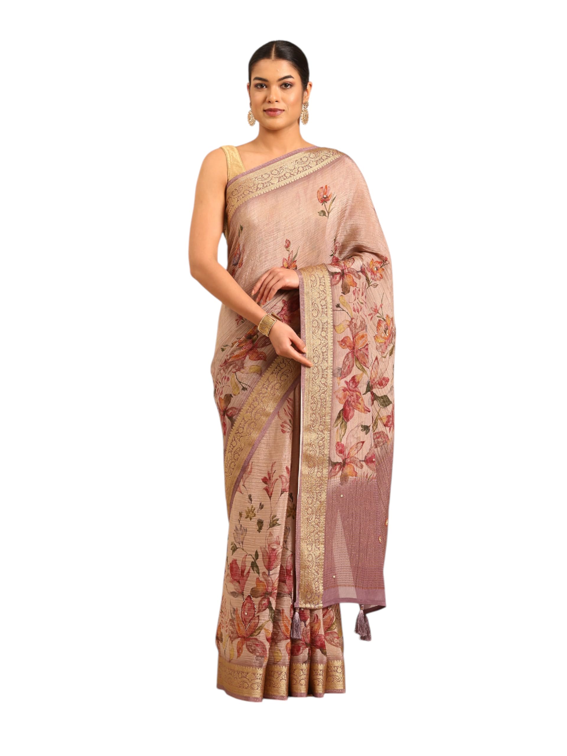 MOHEY Women's Chinon Printed|Moti Work Saree (Purple)