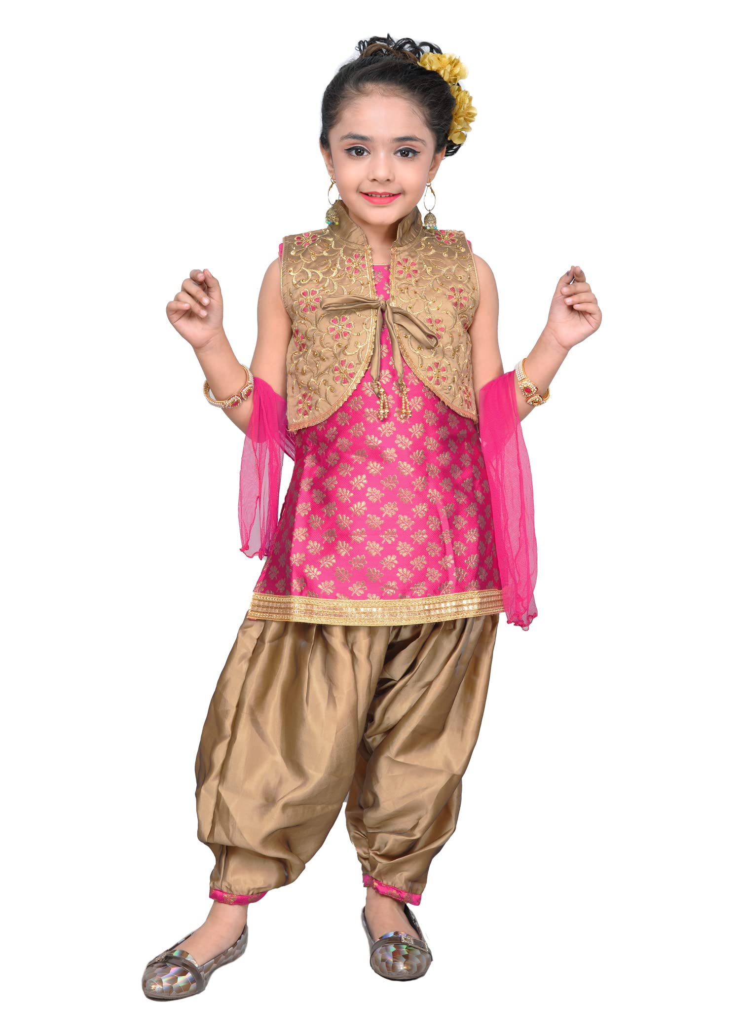 Hariyal Creation kids party/festive pink printed designer Kurta patiala salwar suit with jacket and dupatta for girls