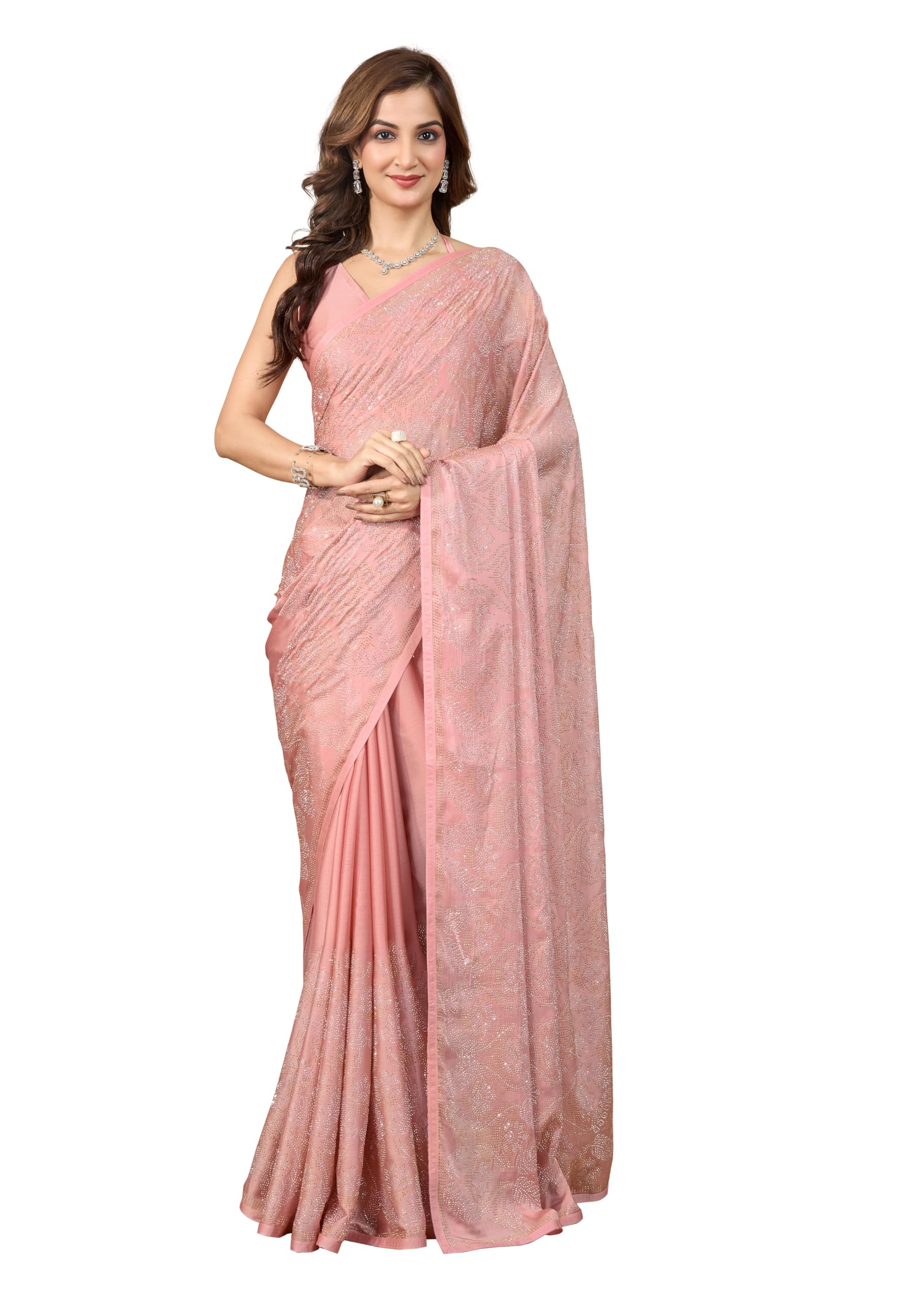 TRENDMALLS Women's Chanderi Silk Siroski Work Saree with Unstitch Blouse Piece (K1152-Orange)