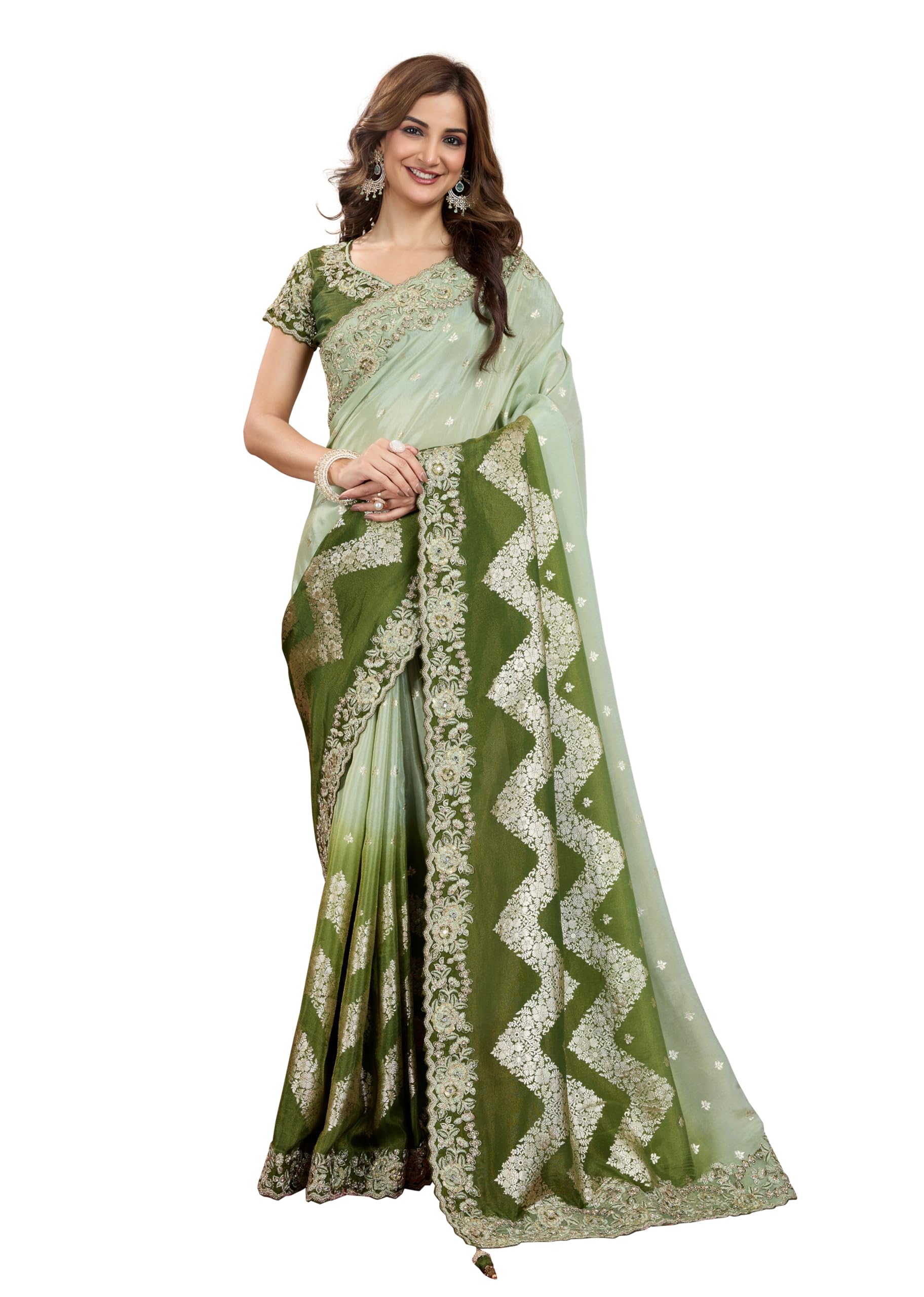 TRENDMALLS Women's Jacquard Silk Embroidery Saree with Unstitched Blouse Piece (K1107-Green-)