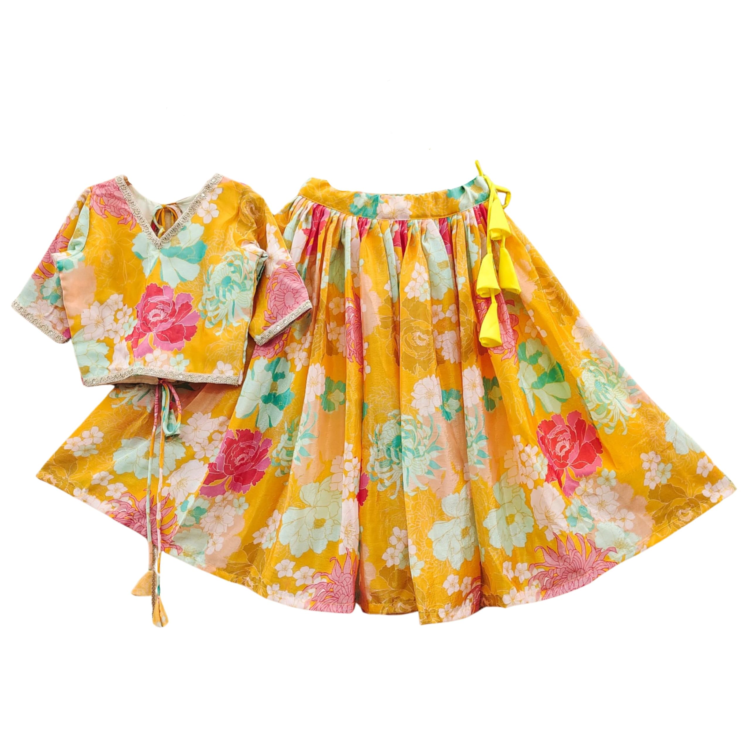Q-one Store Girls Floral Printed Lehenga Choli Set | Ethnic Indian Traditional Dress for Kids | Navratri Wear for Girls (3-8 Years) (Yellow, 6-7 Years)