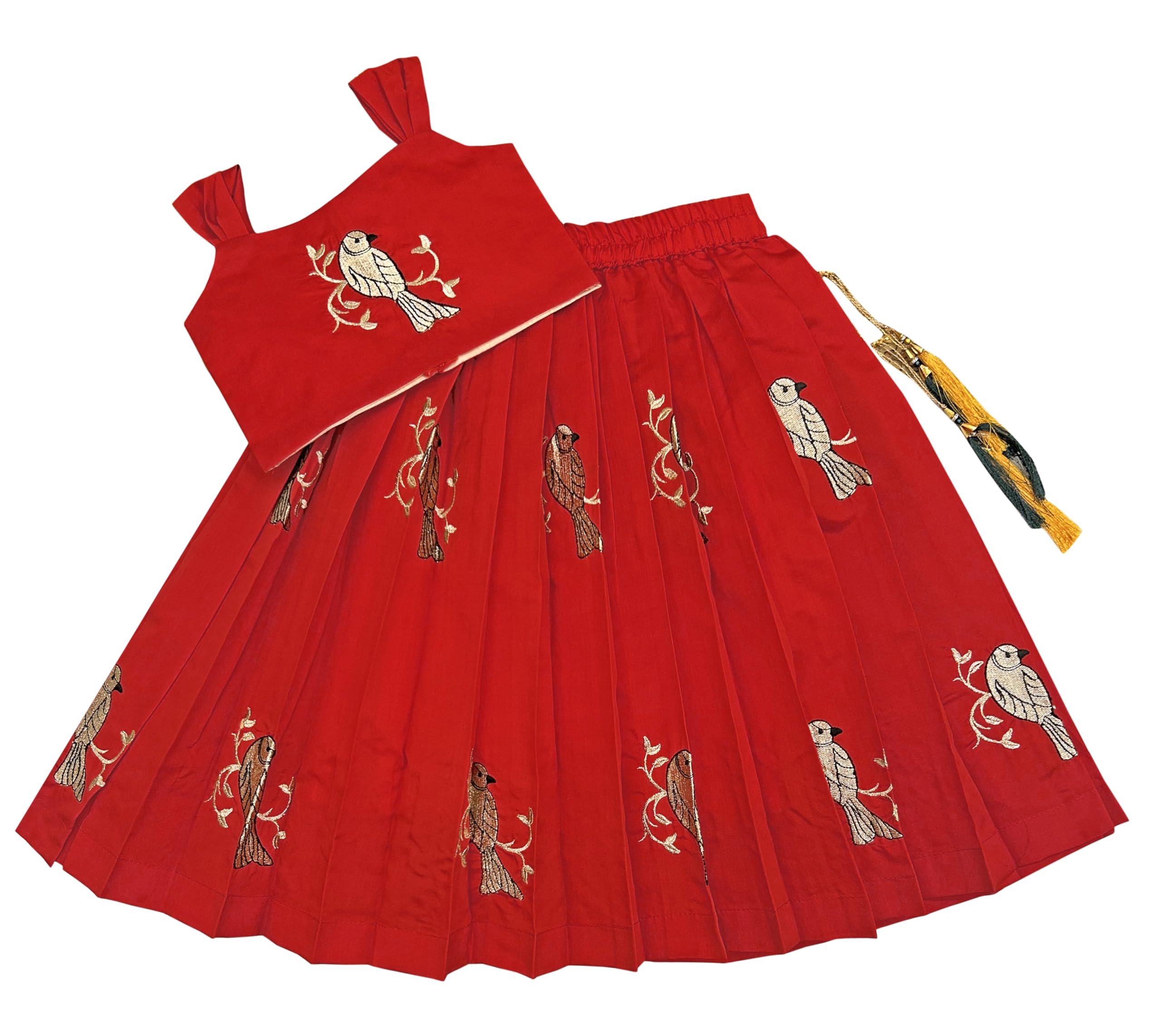 FELIZ THE DESIGNER STUDIO Baby Girl's Red Flared Cotton Silk Sleeveless Lehenga Choli Set Pattu pavadai for Kids Girl's-6-7 Years