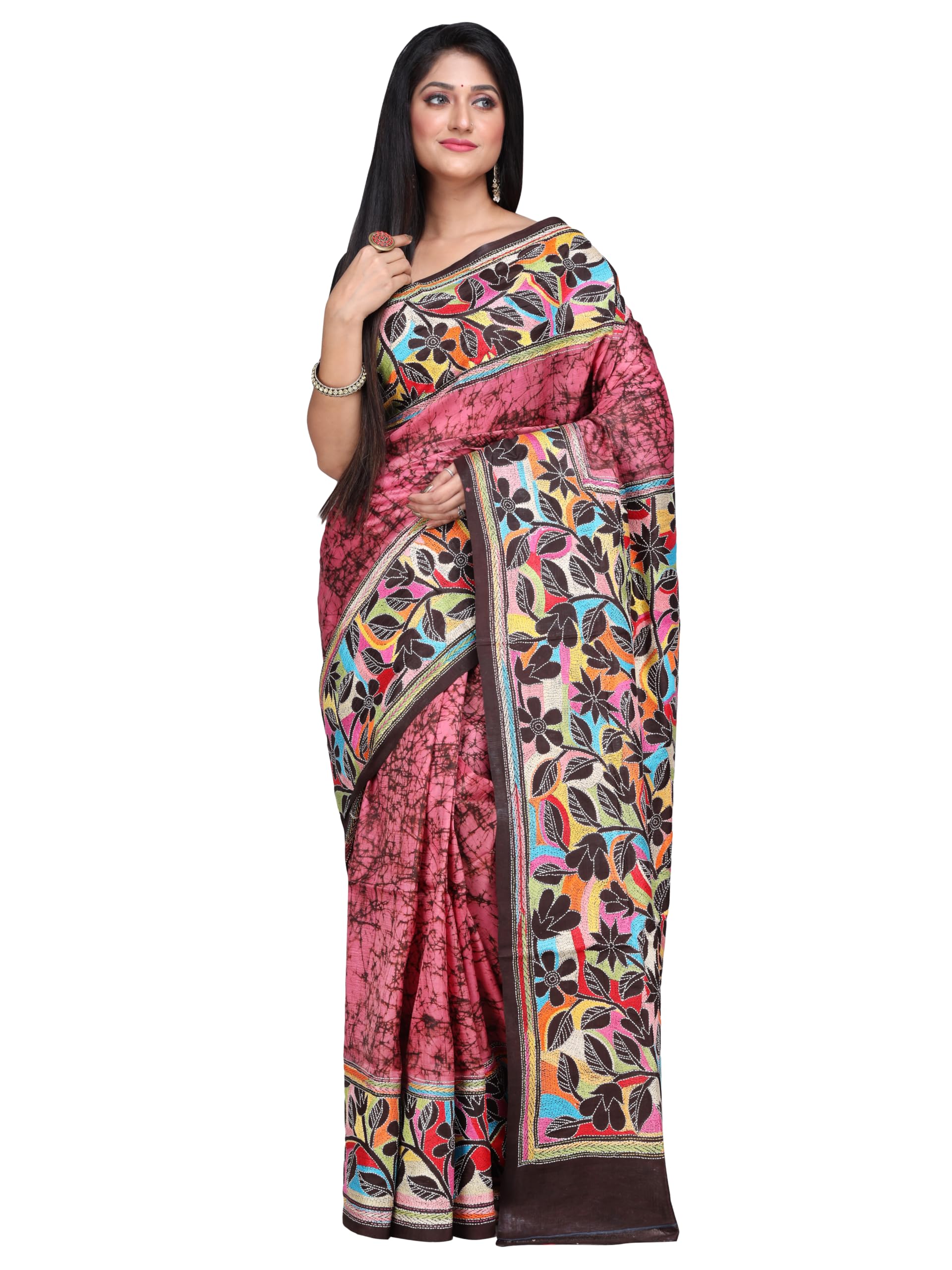 Ruprekha Fashion Women's Pure Murshidabad Silk Hand Embroidered Reverse Kantha Work On Batik Printed Saree