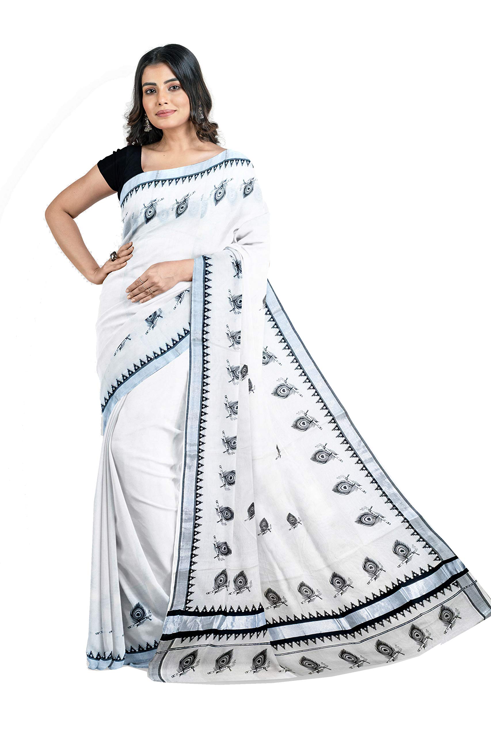 mylooms Womens Kuthampully Cotton Printed Kerala Saree Silver Black Set saree