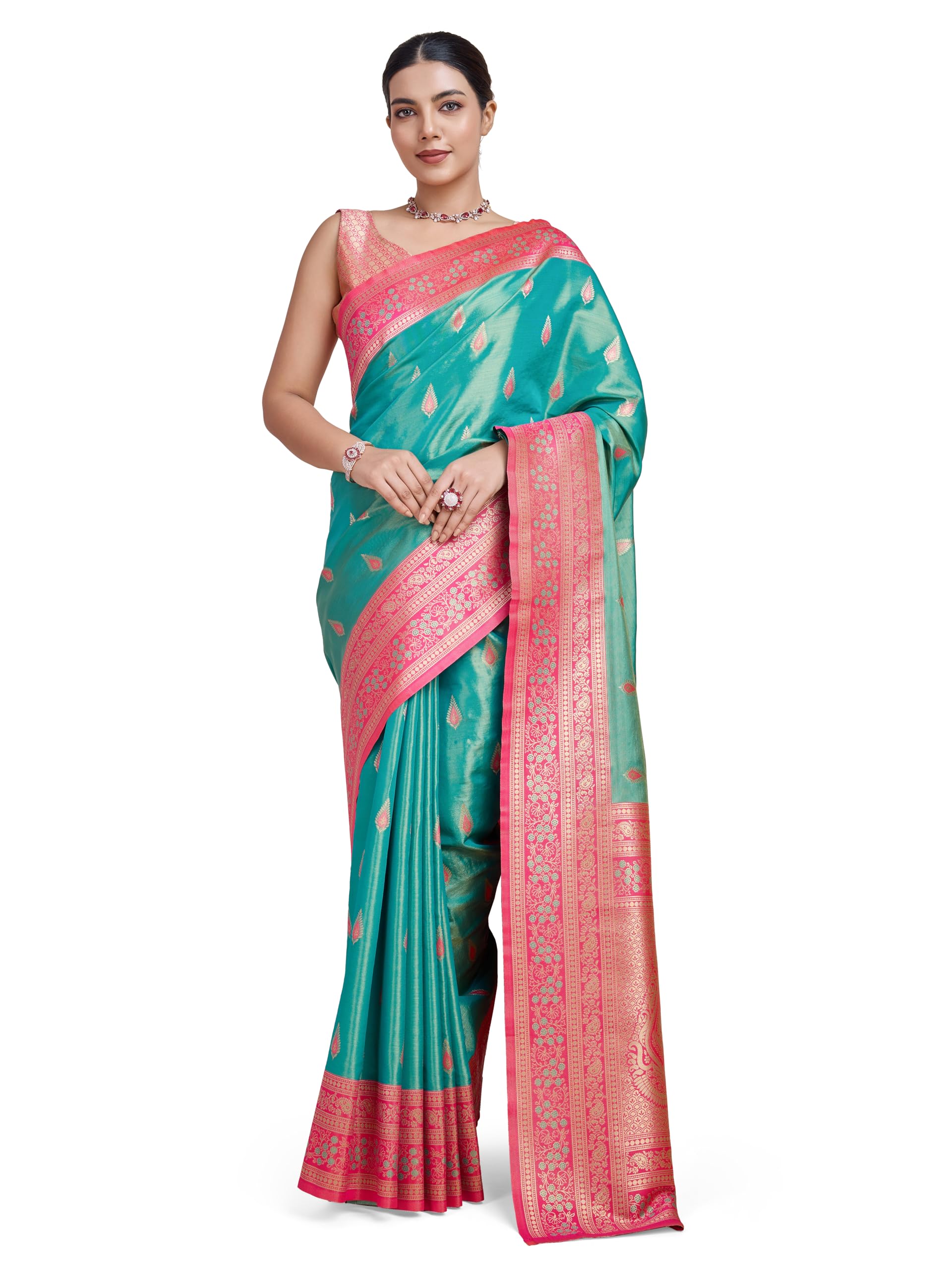 Monjolika Fashion Women's Traditional Zari Woven Banarasi Tissue Silk Saree Comes With Unstitched Blouse Piece (Turquiose)