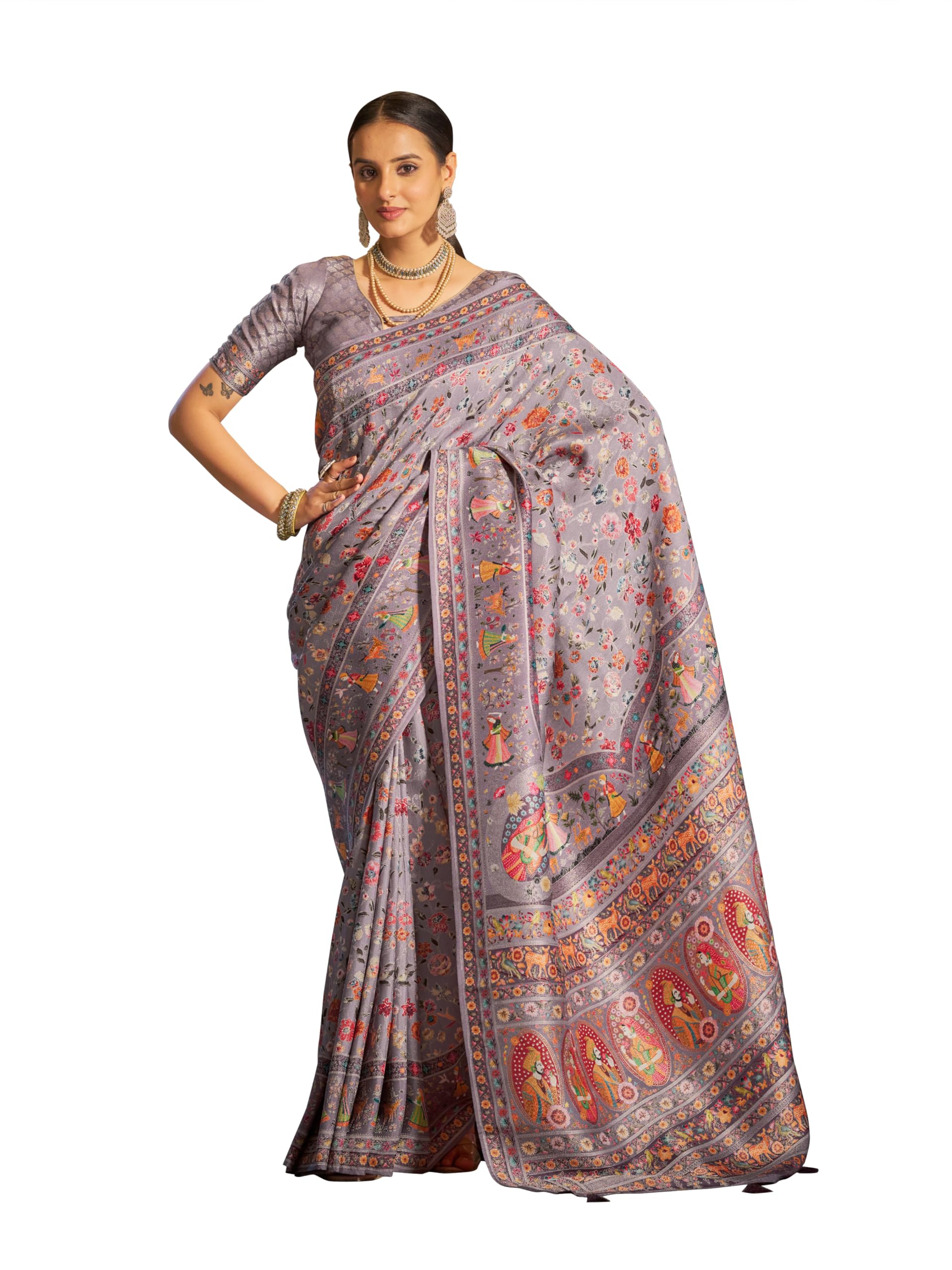 SWORNOF Womens Pashamina pure viscose Saree with Unstitched blouse piece