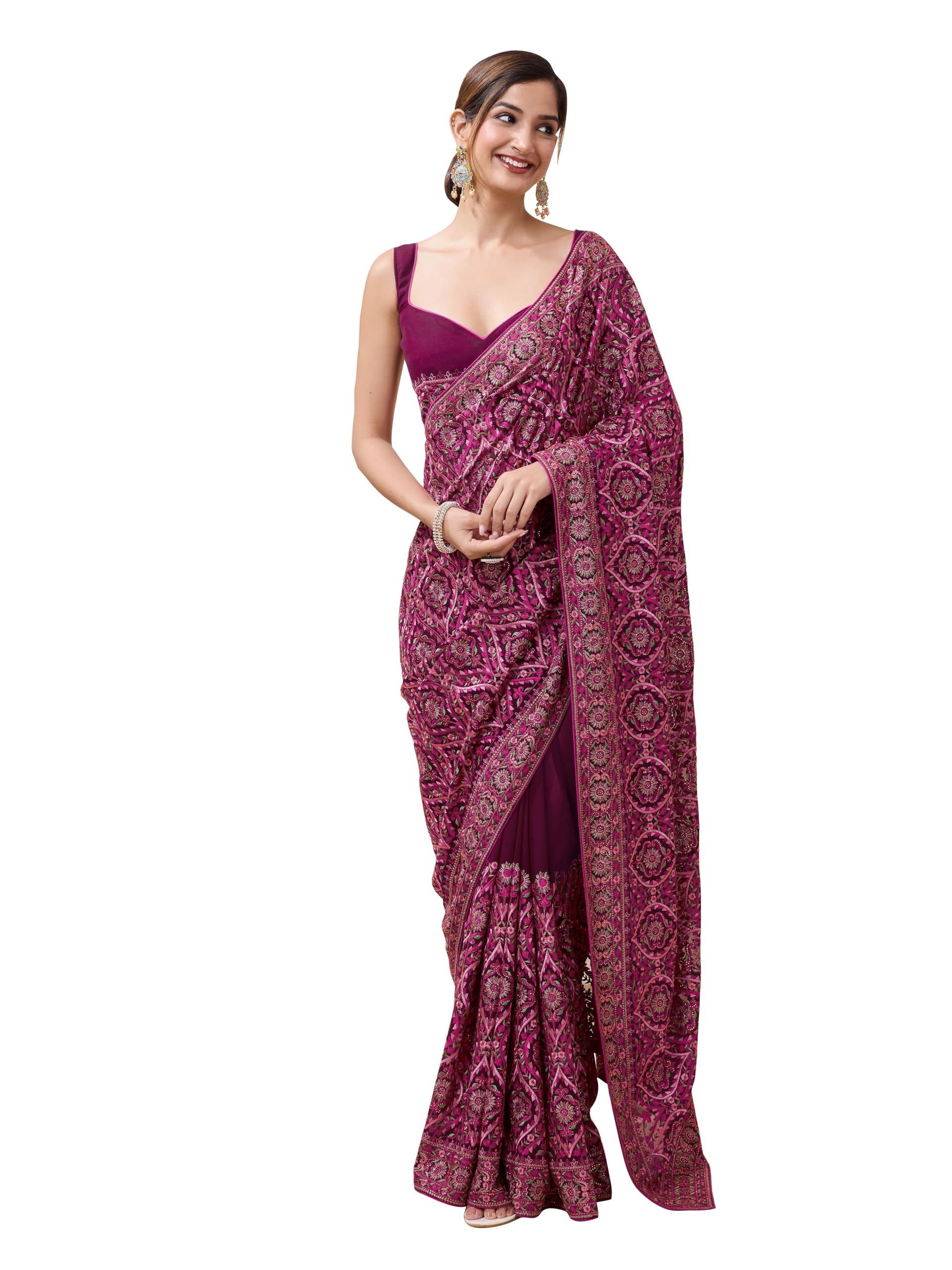 TRENDMALLS Women's Vichitra Silk Embroidery, Siroski Work Saree with Unstitch Blouse Piece (K1088-Pink)